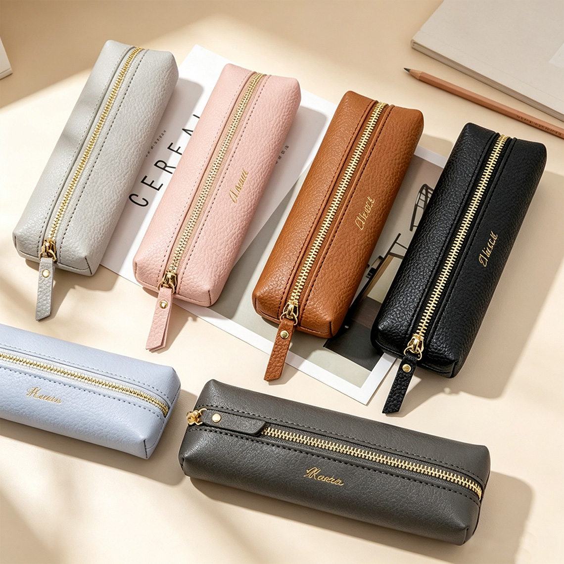 Personalized Leather Pencil Case, Custom Monogram Pen Pouch, Minimalist Office Organizer, Gift for Mom, Teacher Gift
