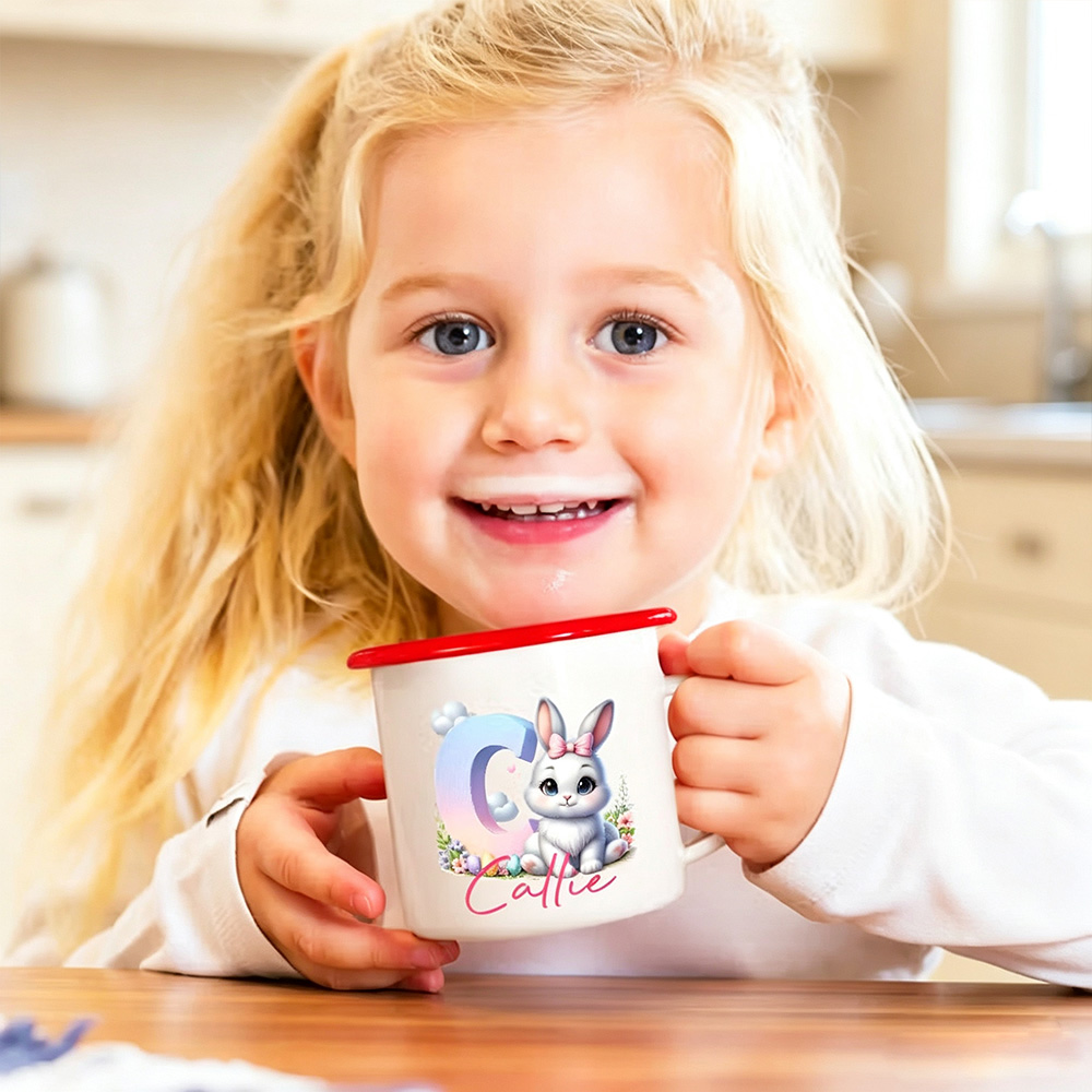 Personalized Bunny Initial Enamel Mug, Custom 12oz Camp Mug with Name, Birthday Gift for Girls