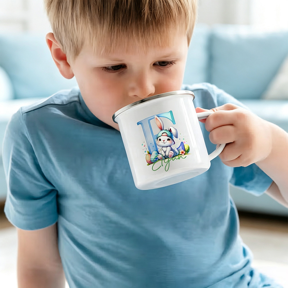 Personalized Bunny Initial Enamel Mug, Custom 12oz Camp Mug with Name, Birthday Gift for Girls