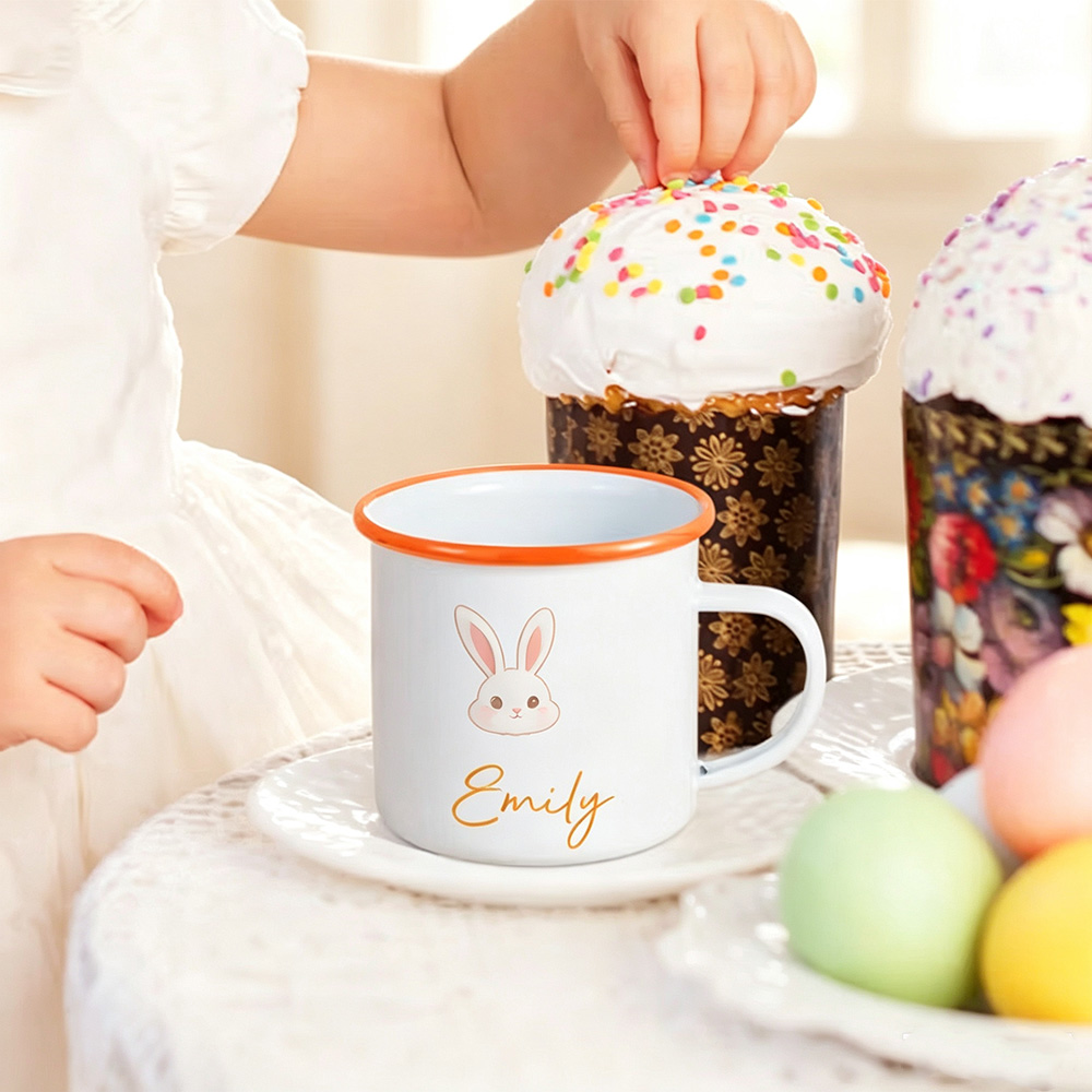 Personalized Bunny Initial Enamel Mug, Custom 12oz Camp Mug with Name, Birthday Gift for Girls