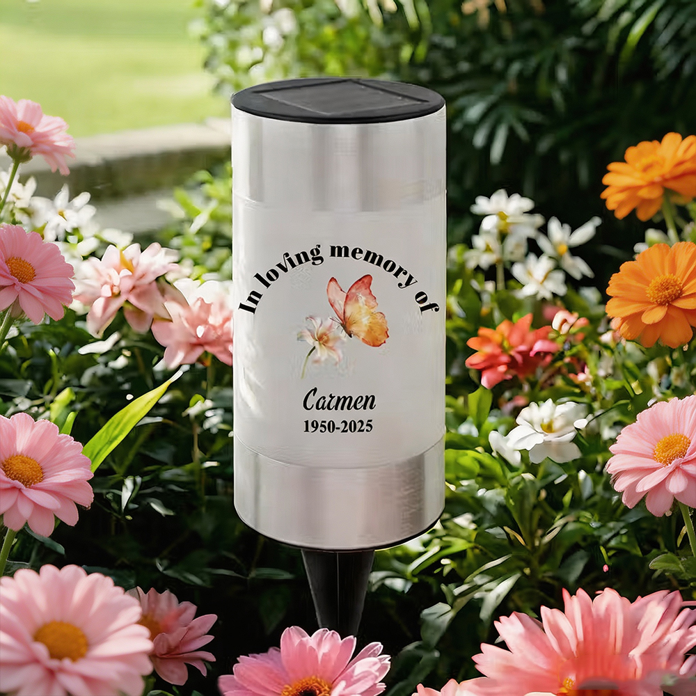 Personalized Memorial Solar Garden Light with Name, Dove & Butterfly Floral Garden Stake, Sympathy Gift