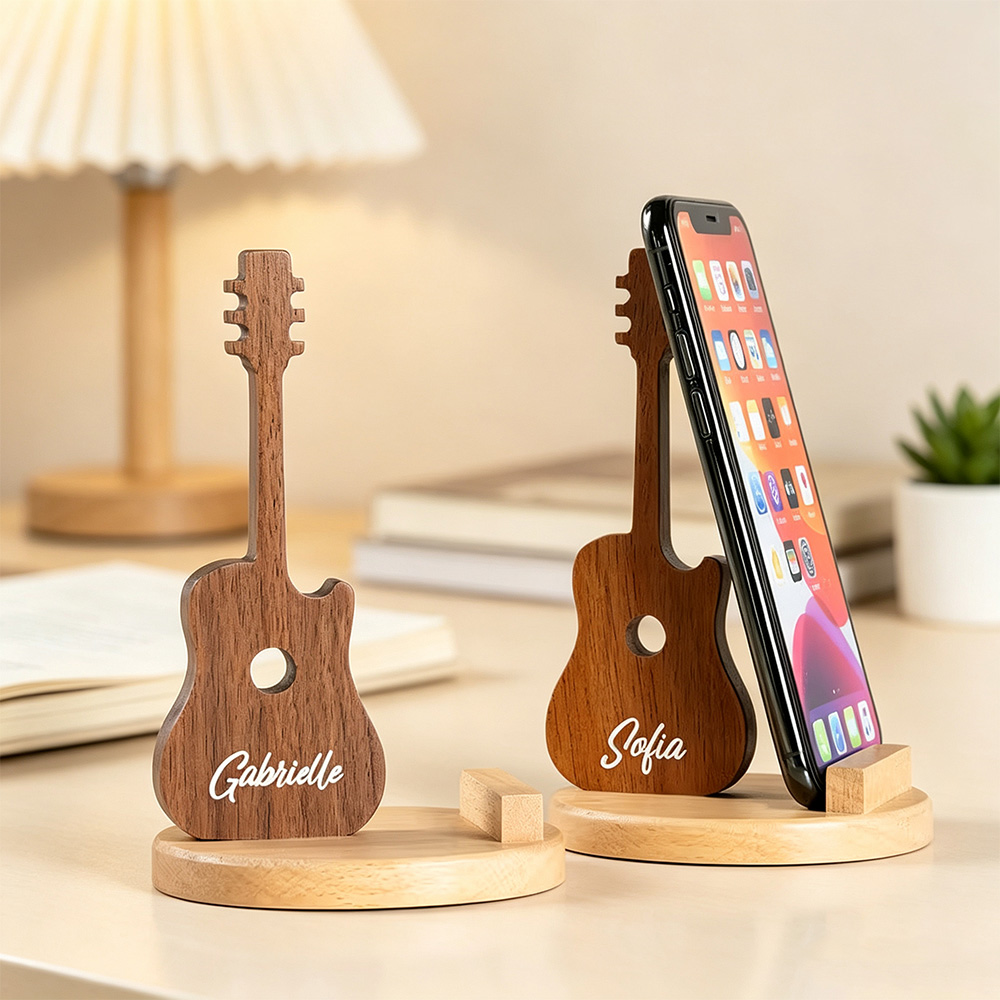 Personalised Guitar-Shaped Wooden Phone Stand with Engraved Name, Desktop Mobile Holder and Music Lover Gift