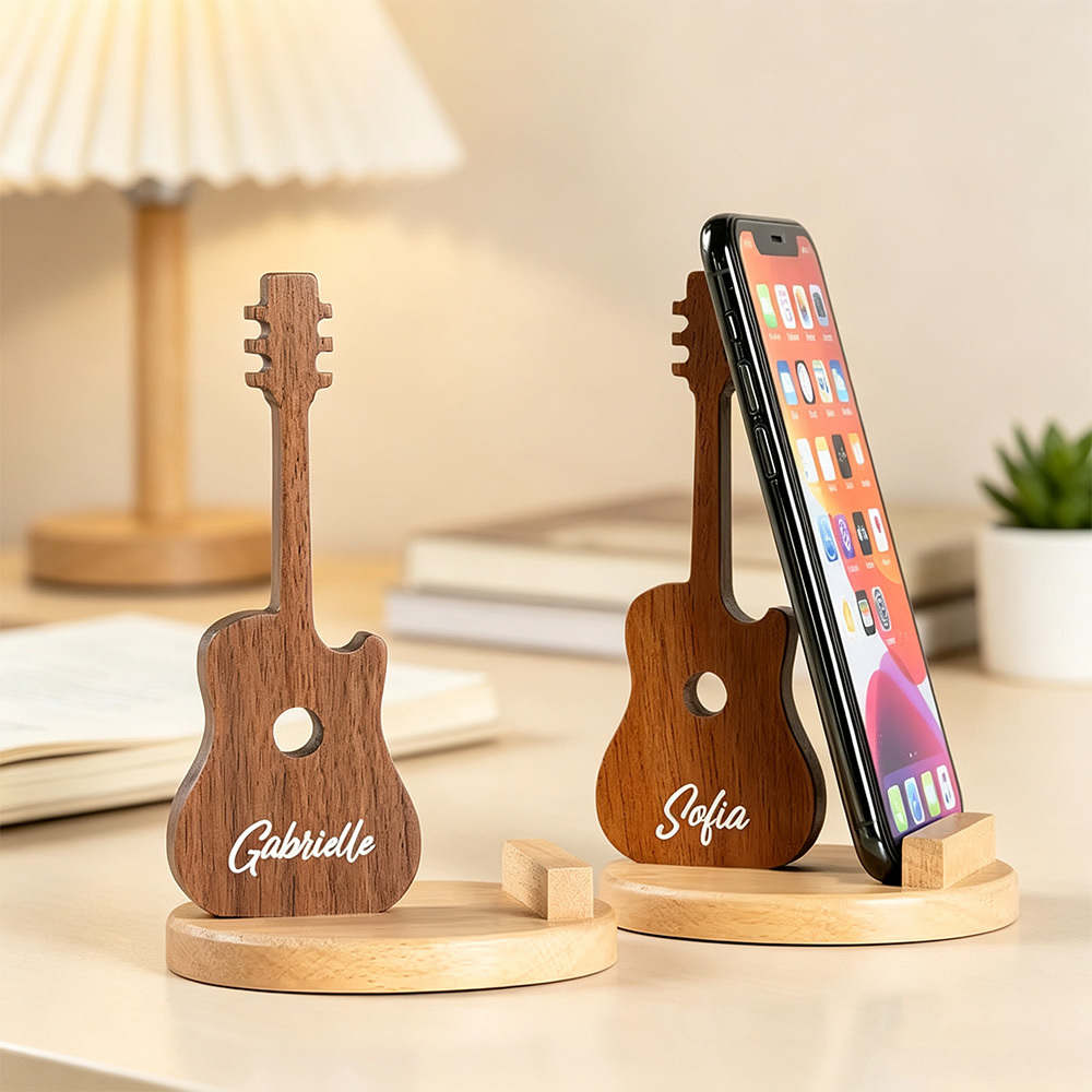 Personalised Guitar-Shaped Wooden Phone Stand with Engraved Name, Desktop Mobile Holder and Music Lover Gift