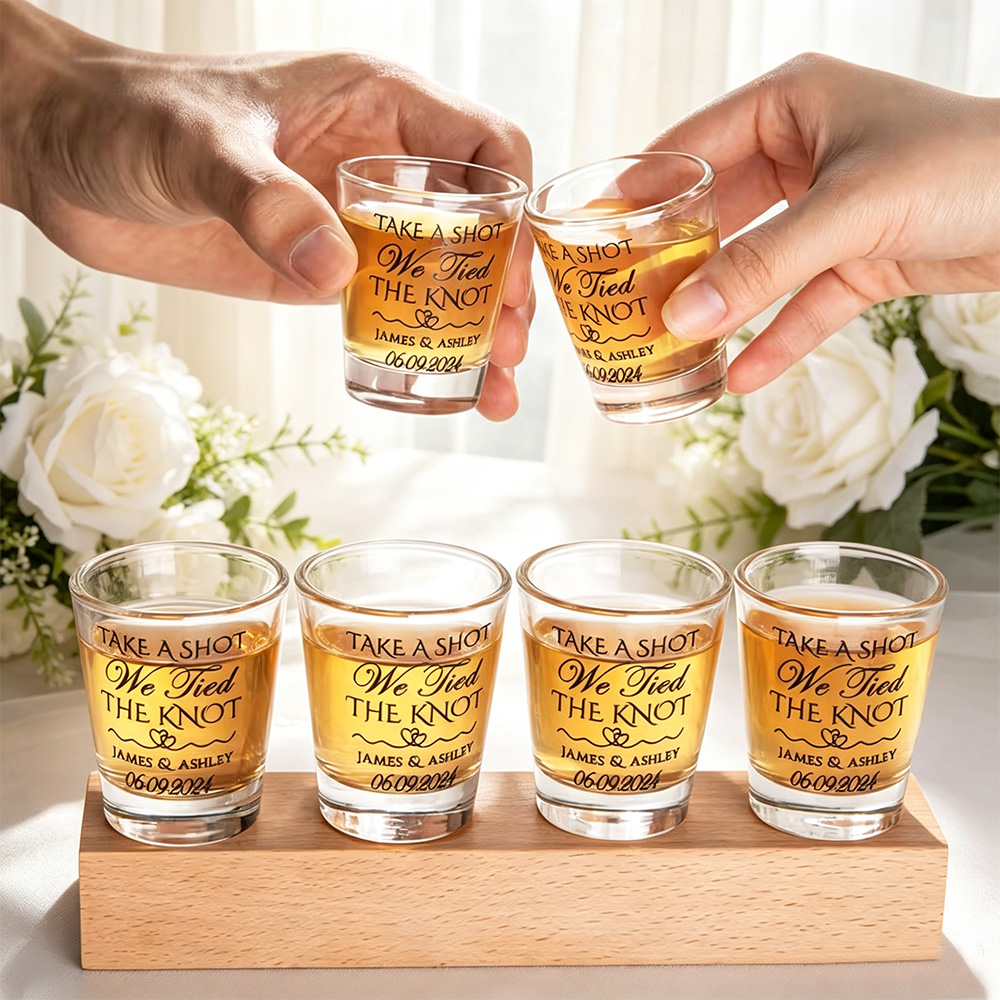 Personalized "Tie the Knot" Themed Shot Glasses (Includes Names, Set of 2) — Bachelor/Bachelorette Party and Wedding Gifts
