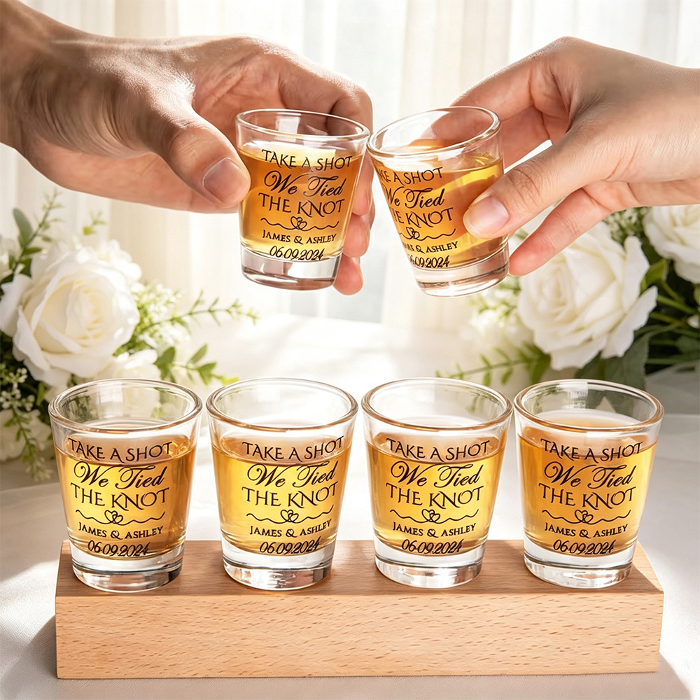 Personalized "Tie the Knot" Themed Shot Glasses (Includes Names, Set of 2) — Bachelor/Bachelorette Party and Wedding Gifts
