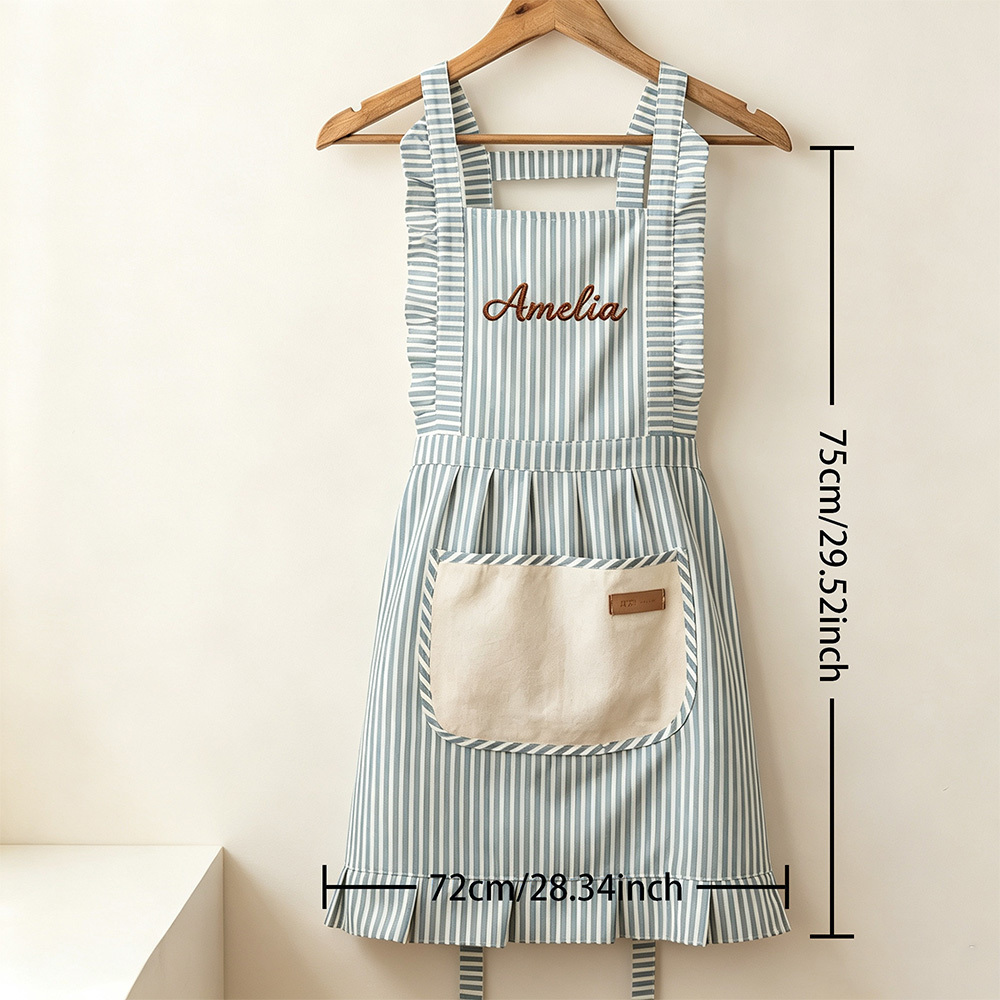 Personalized Embroidered Apron, Custom Name Striped Cooking Apron with Pocket, Baking Gift for Mom, Wife, Grandma or Home Chef