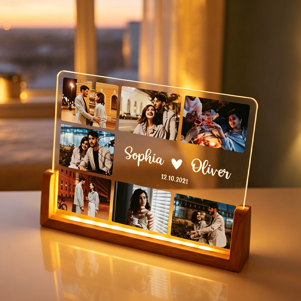 Personalized Couple Photo Night Light, Custom Acrylic LED Lamp with Photos & Names, Romantic Anniversary Gift for Couples, Wedding Keepsake