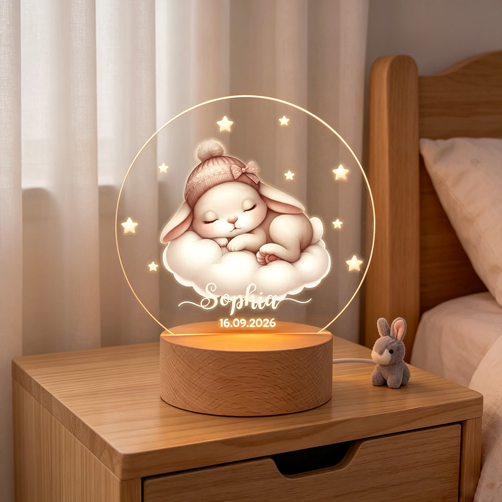 Personalized Sleeping Animals Moon & Stars LED Night Light with Name and Date, Wooden Base Nursery Decor, Custom Baby Shower Birthday Gift for Kids