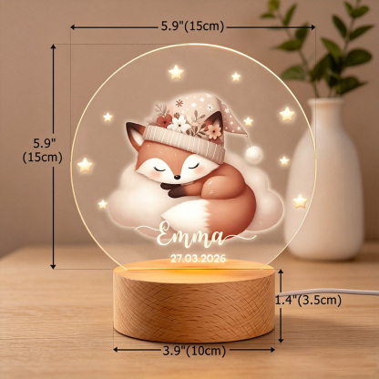 Personalized Sleeping Animals Moon & Stars LED Night Light with Name and Date, Wooden Base Nursery Decor, Custom Baby Shower Birthday Gift for Kids