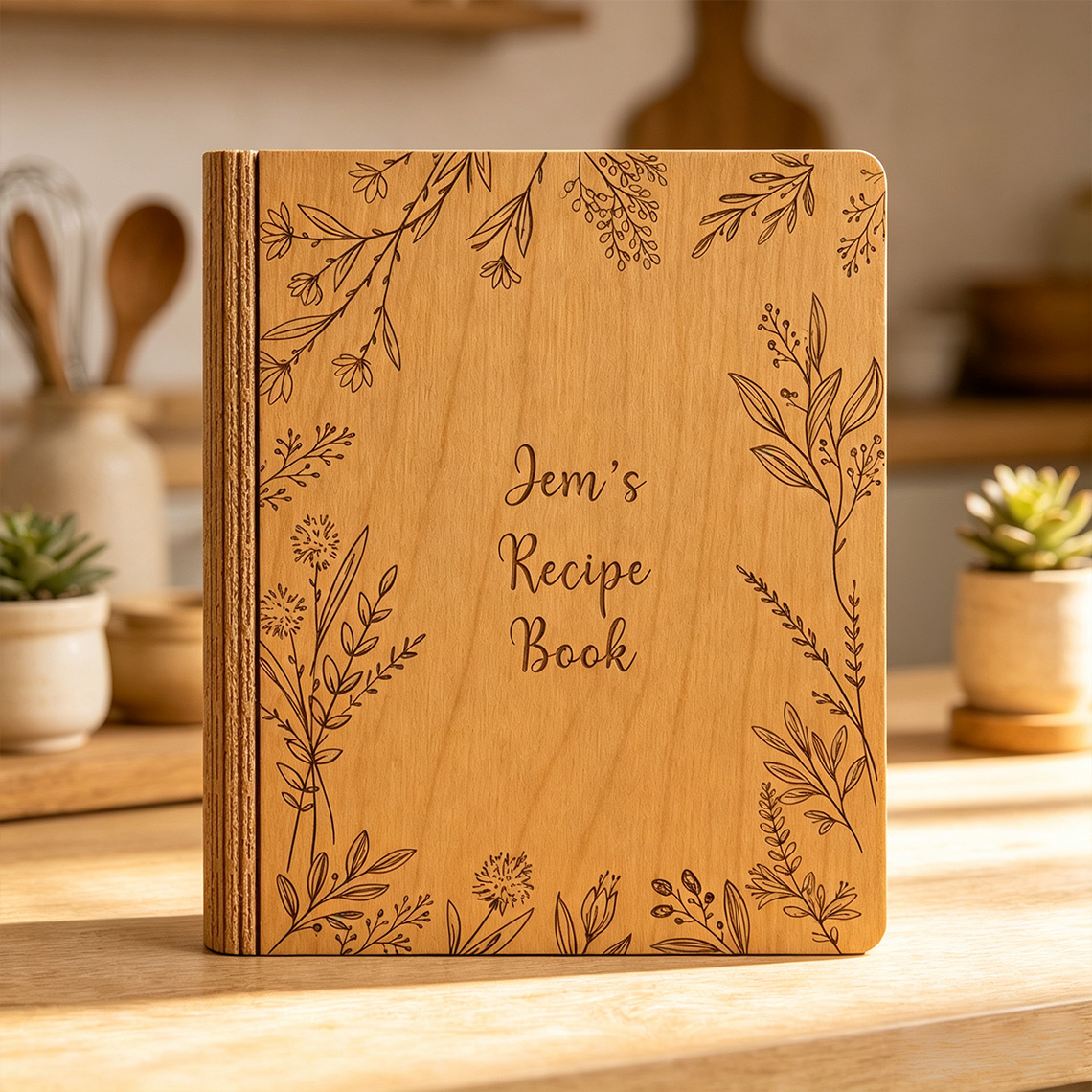 Personalized Wooden Recipe Book, Custom Engraved Cookbook Binder, Family Recipe Keepsake, Mother’s Day Gift for Mom