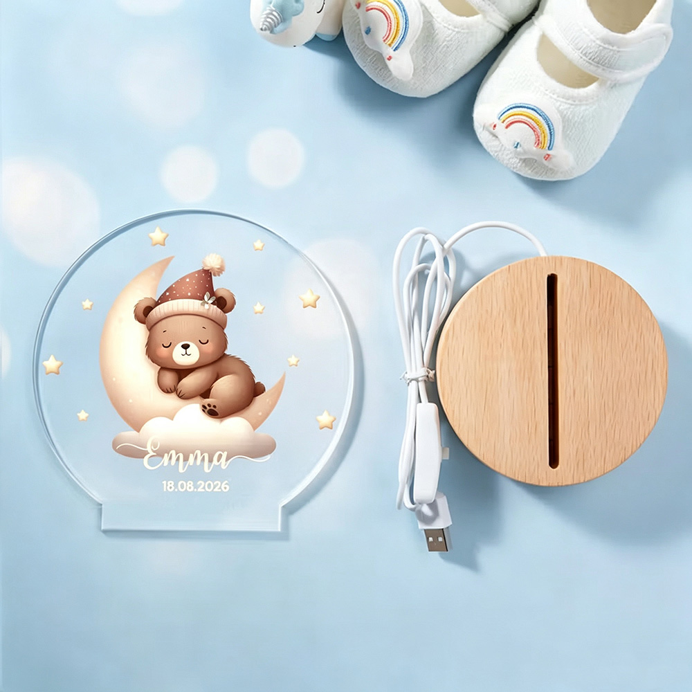 Personalized Sleeping Animals Moon & Stars LED Night Light with Name and Date, Wooden Base Nursery Decor, Custom Baby Shower Birthday Gift for Kids