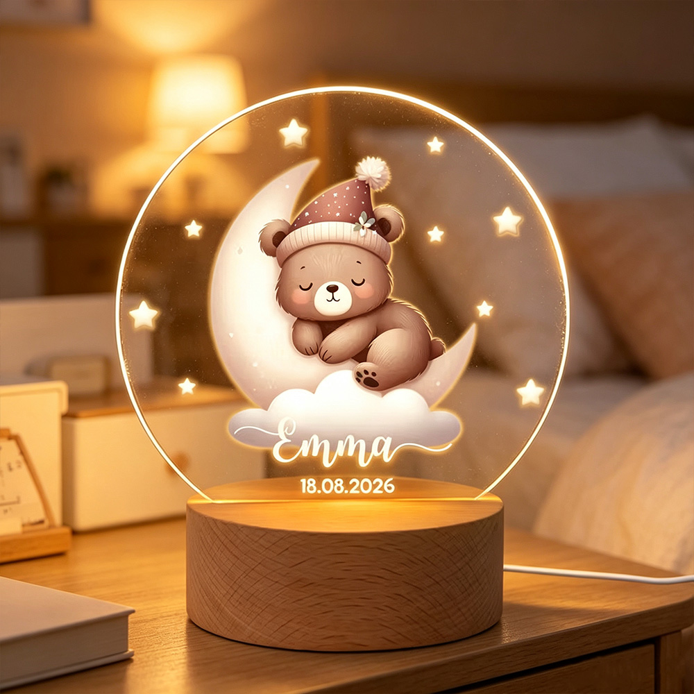 Personalized Sleeping Animals Moon & Stars LED Night Light with Name and Date, Wooden Base Nursery Decor, Custom Baby Shower Birthday Gift for Kids