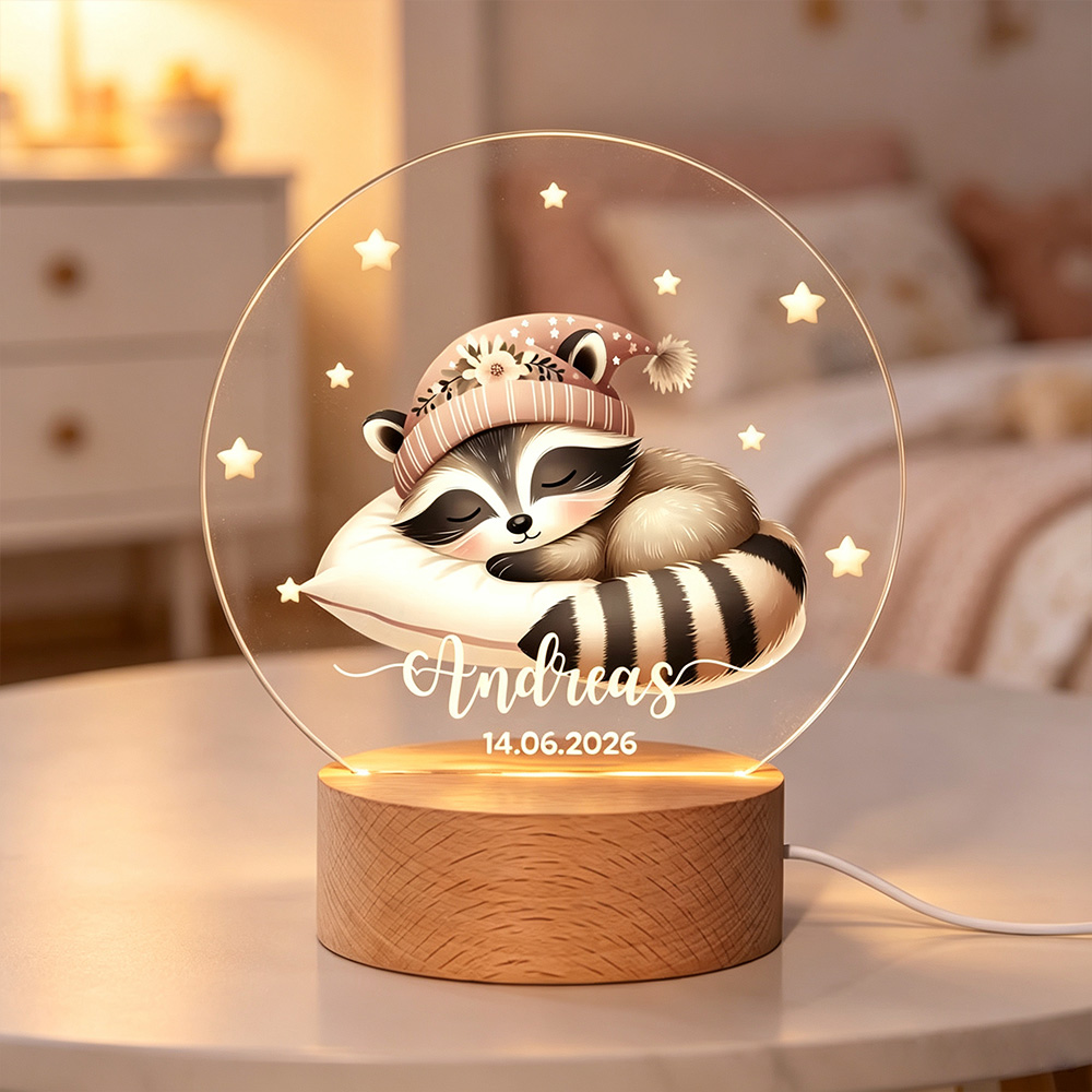 Personalized Sleeping Animals Moon & Stars LED Night Light with Name and Date, Wooden Base Nursery Decor, Custom Baby Shower Birthday Gift for Kids