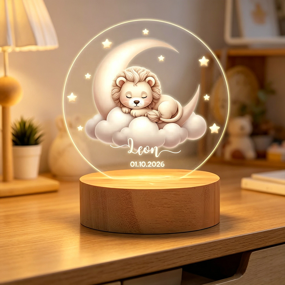 Personalized Sleeping Animals Moon & Stars LED Night Light with Name and Date, Wooden Base Nursery Decor, Custom Baby Shower Birthday Gift for Kids