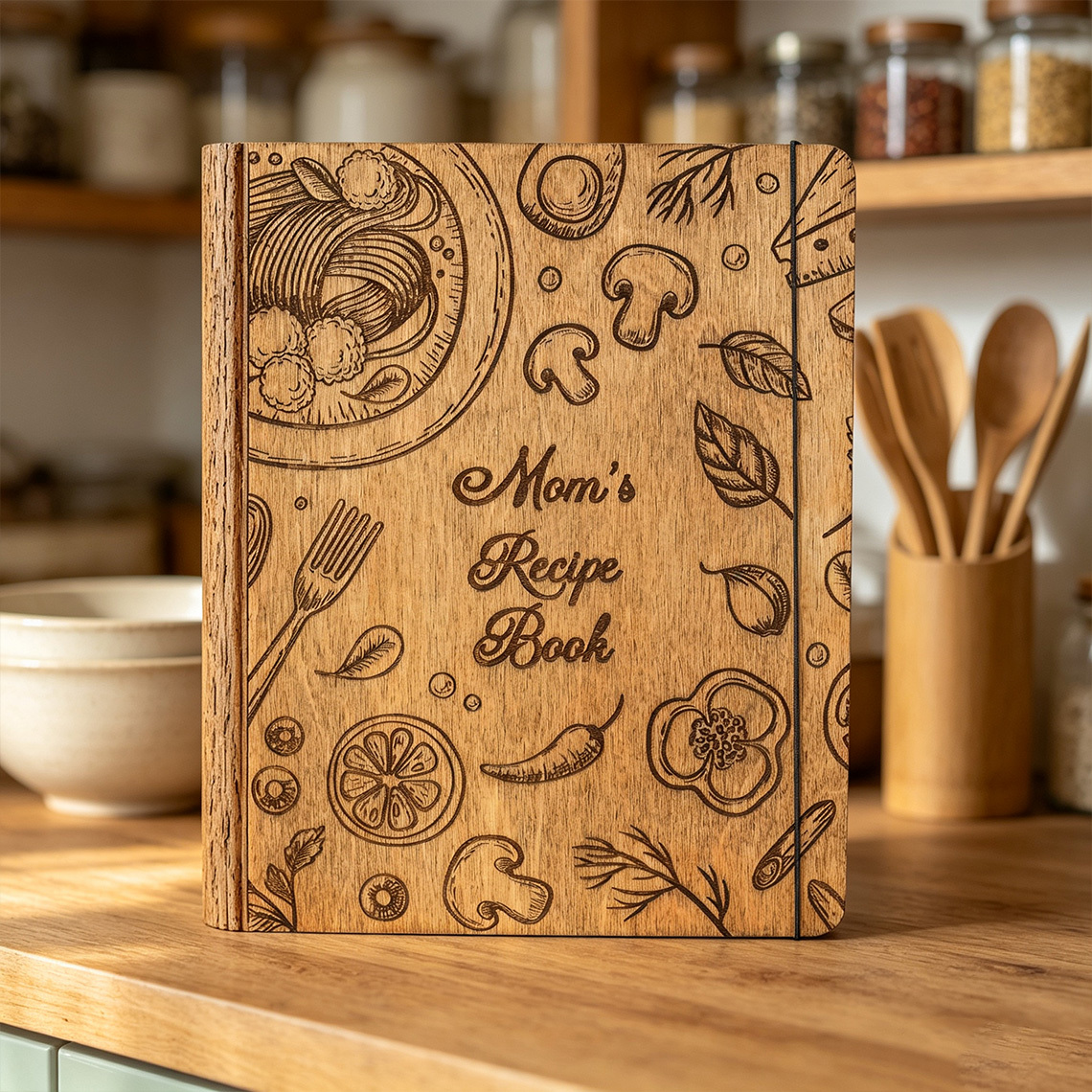 Personalized Wooden Recipe Book, Custom Engraved Cookbook Binder, Family Recipe Keepsake, Mother’s Day Gift for Mom