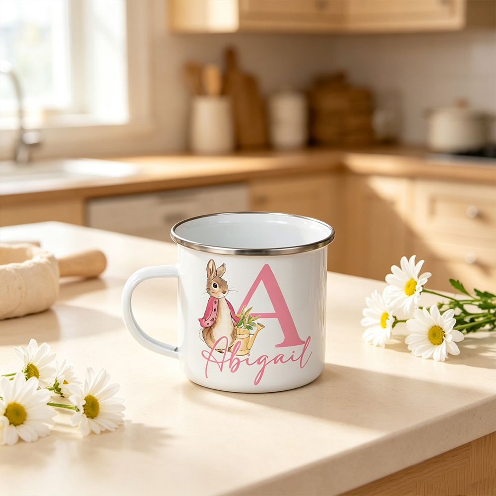 Personalised Watercolour Bunny Enamel Mug with Initial and Name, 12oz Children’s Camping Cup, Easter Birthday Gift for Kids