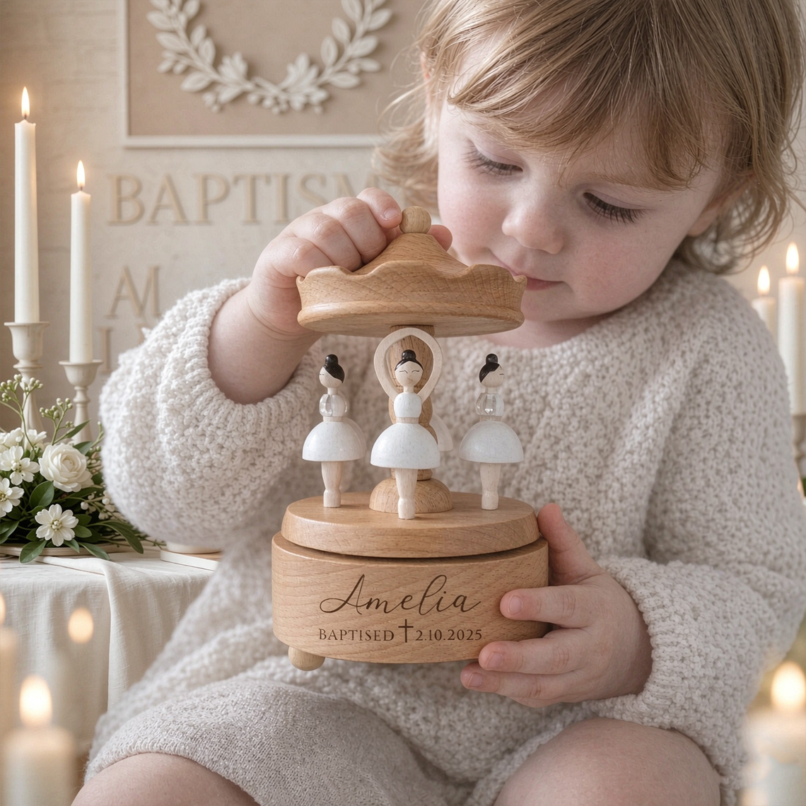 Personalized Baptism Music Box, Wooden Christening Gift for Baby, Engraved Keepsake Carousel, First Birthday Gift for Girl & Boy