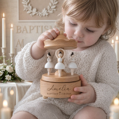 Personalized Baptism Music Box, Wooden Christening Gift for Baby, Engraved Keepsake Carousel, First Birthday Gift for Girl & Boy