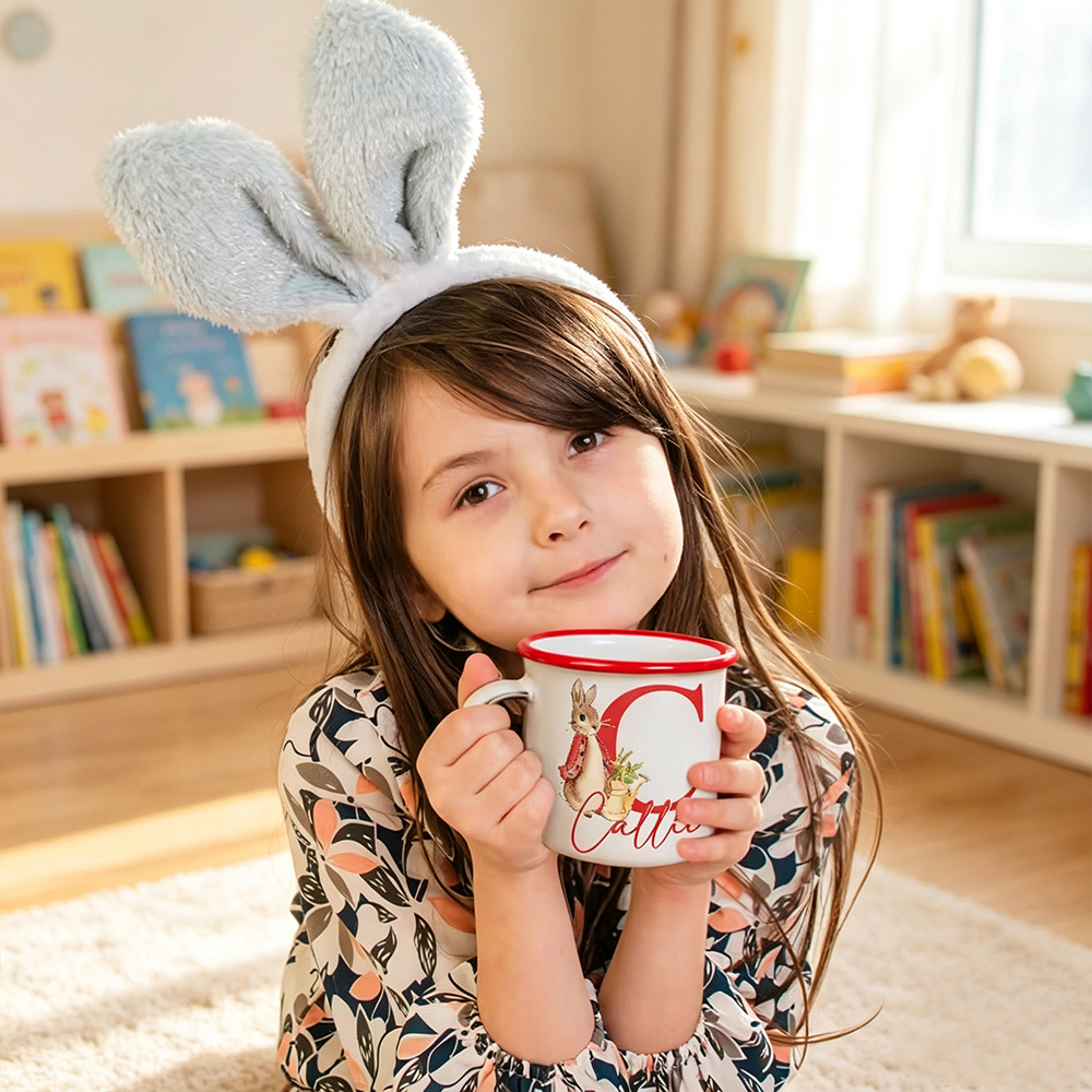 Personalised Watercolour Bunny Enamel Mug with Initial and Name, 12oz Children’s Camping Cup, Easter Birthday Gift for Kids