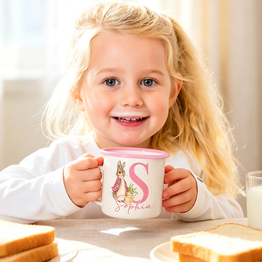 Personalised Watercolour Bunny Enamel Mug with Initial and Name, 12oz Children’s Camping Cup, Easter Birthday Gift for Kids