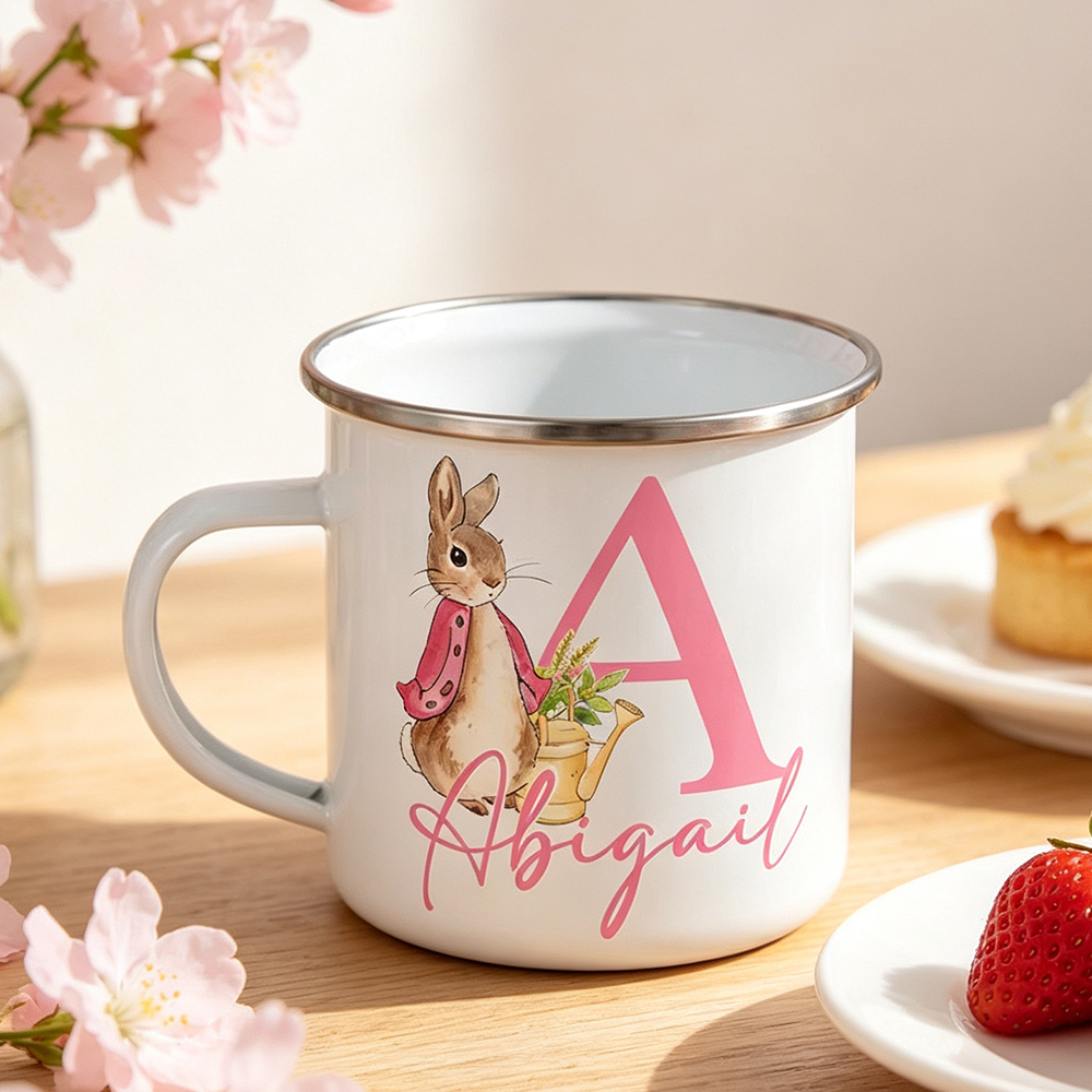 Personalised Watercolour Bunny Enamel Mug with Initial and Name, 12oz Children’s Camping Cup, Easter Birthday Gift for Kids