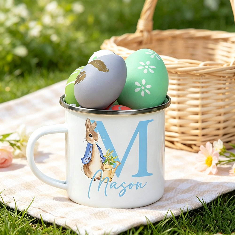Personalised Watercolour Bunny Enamel Mug with Initial and Name, 12oz Children’s Camping Cup, Easter Birthday Gift for Kids