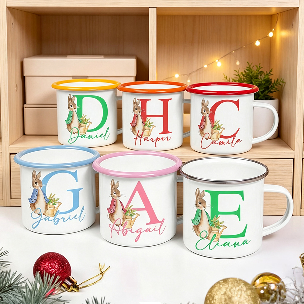 Personalised Watercolour Bunny Enamel Mug with Initial and Name, 12oz Children’s Camping Cup, Easter Birthday Gift for Kids