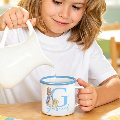 Personalised Watercolour Bunny Enamel Mug with Initial and Name, 12oz Children’s Camping Cup, Easter Birthday Gift for Kids