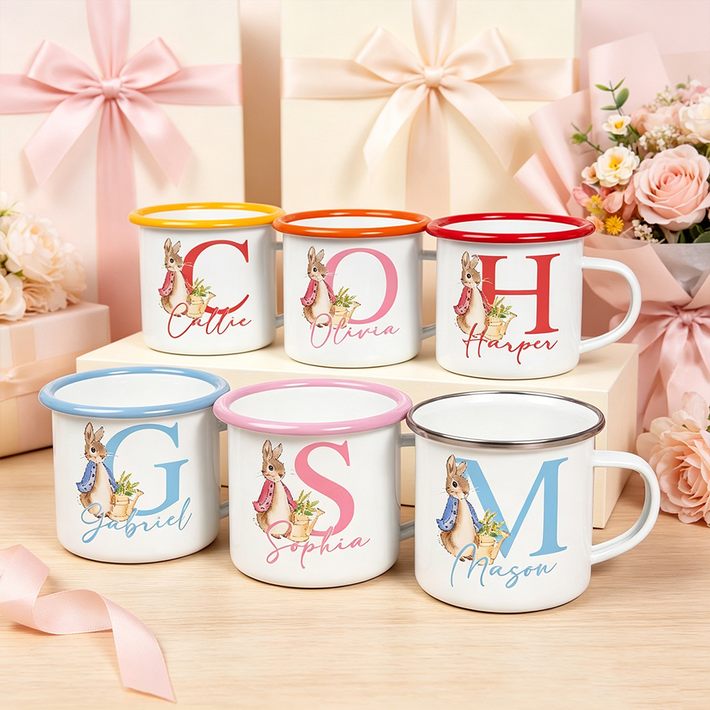 Personalised Watercolour Bunny Enamel Mug with Initial and Name, 12oz Children’s Camping Cup, Easter Birthday Gift for Kids