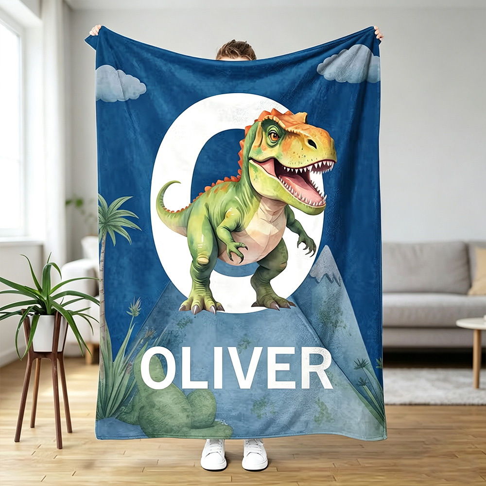 Personalized Cute Dinosaur Blanket for Kids with Name and Initial, Soft Fleece Throw Blanket, Custom Birthday Gift, Baby Shower Nursery Decor