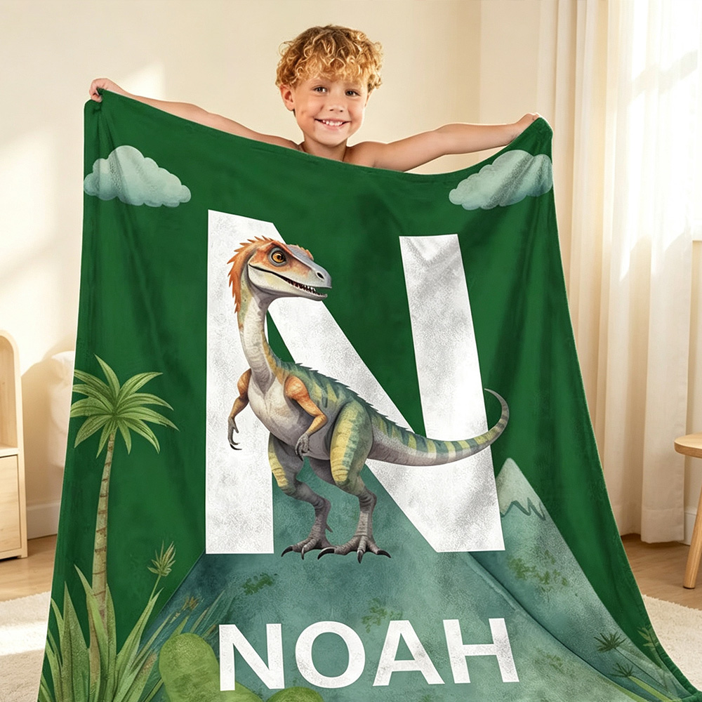 Personalized Cute Dinosaur Blanket for Kids with Name and Initial, Soft Fleece Throw Blanket, Custom Birthday Gift, Baby Shower Nursery Decor