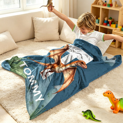 Personalized Cute Dinosaur Blanket for Kids with Name and Initial, Soft Fleece Throw Blanket, Custom Birthday Gift, Baby Shower Nursery Decor