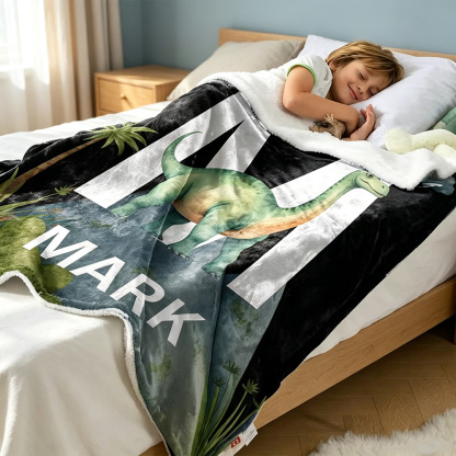 Personalized Cute Dinosaur Blanket for Kids with Name and Initial, Soft Fleece Throw Blanket, Custom Birthday Gift, Baby Shower Nursery Decor