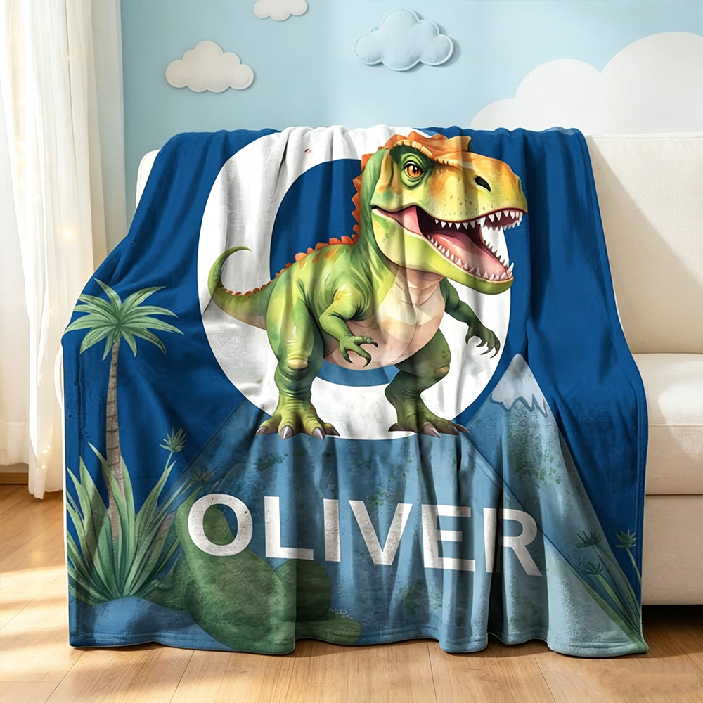 Personalized Cute Dinosaur Blanket for Kids with Name and Initial, Soft Fleece Throw Blanket, Custom Birthday Gift, Baby Shower Nursery Decor