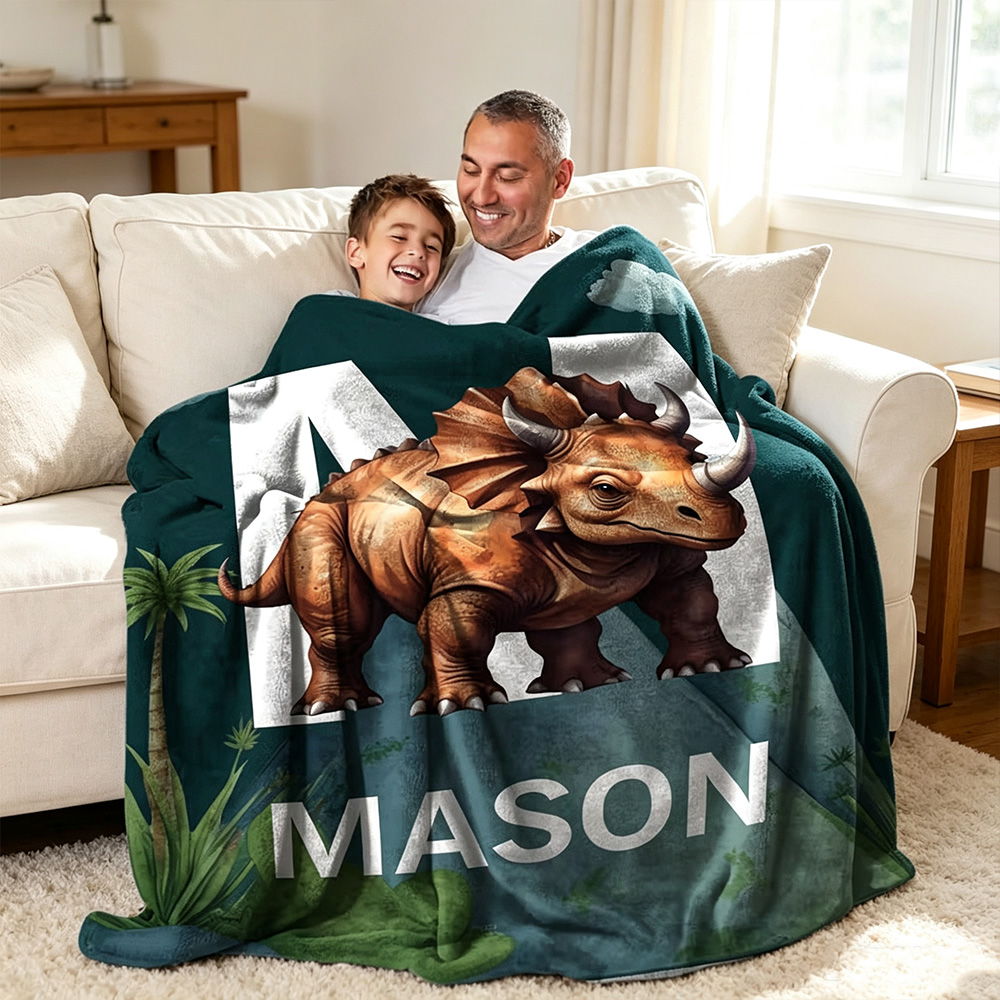 Personalized Cute Dinosaur Blanket for Kids with Name and Initial, Soft Fleece Throw Blanket, Custom Birthday Gift, Baby Shower Nursery Decor
