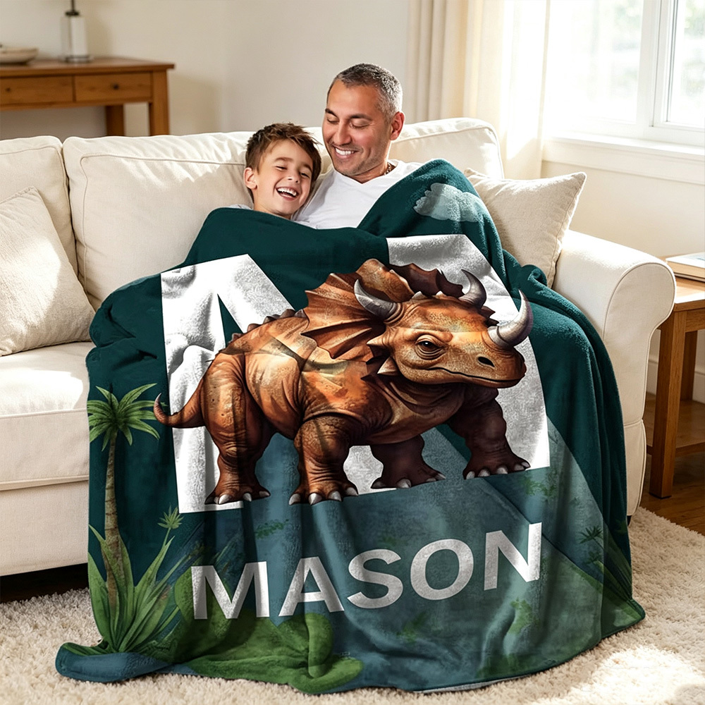 Personalized Cute Dinosaur Blanket for Kids with Name and Initial, Soft Fleece Throw Blanket, Custom Birthday Gift, Baby Shower Nursery Decor