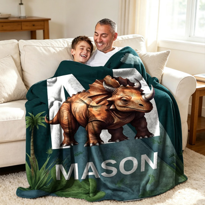 Personalized Cute Dinosaur Blanket for Kids with Name and Initial, Soft Fleece Throw Blanket, Custom Birthday Gift, Baby Shower Nursery Decor