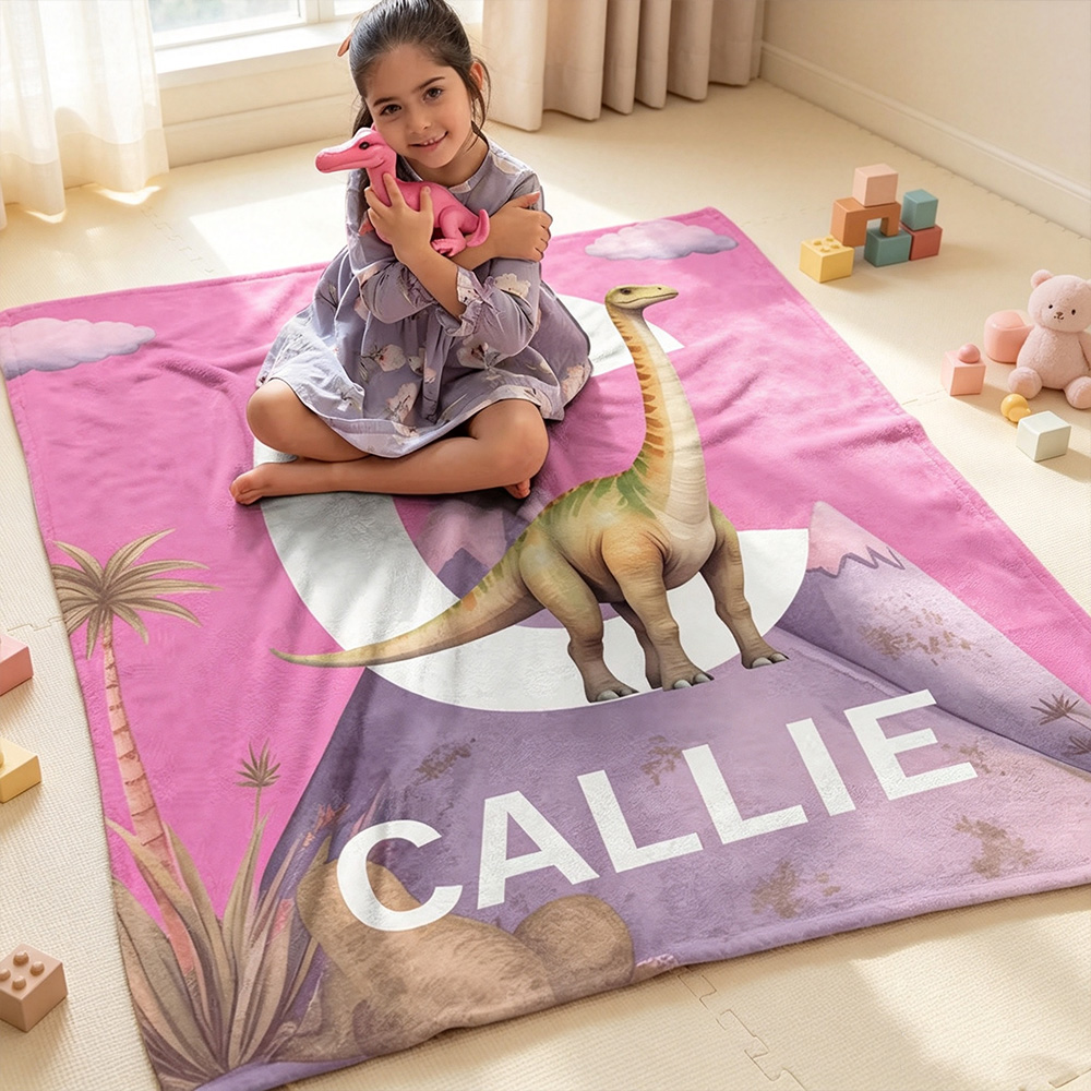 Personalized Cute Dinosaur Blanket for Kids with Name and Initial, Soft Fleece Throw Blanket, Custom Birthday Gift, Baby Shower Nursery Decor