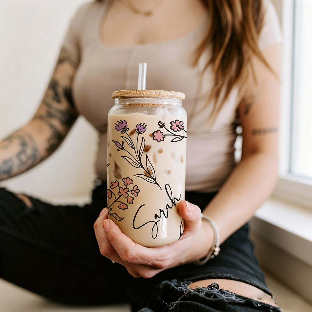 Personalized Floral Glass Cup with Lid and Straw, Custom Name Iced Coffee Cup, Bridesmaid Gift, Bachelorette Party Gift for Her