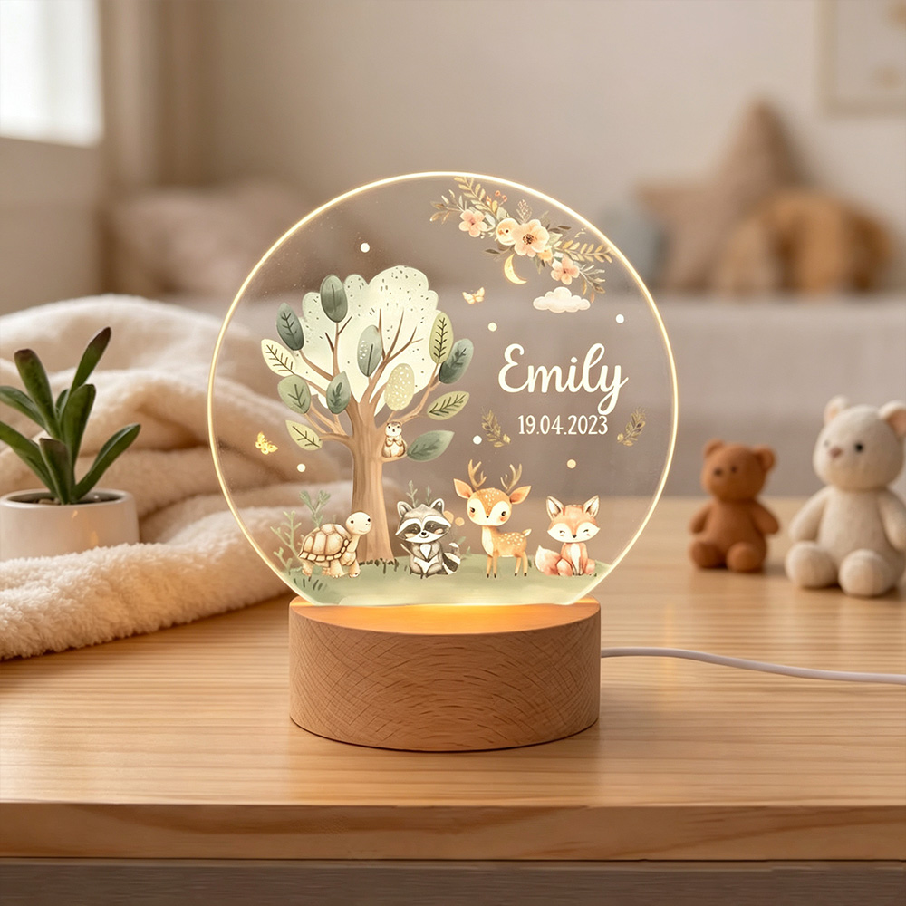 Personalized Forest Animal LED Night Light with Name, Cute Fox Deer Turtle Nursery Lamp with Wooden Base, Baby Shower Gift