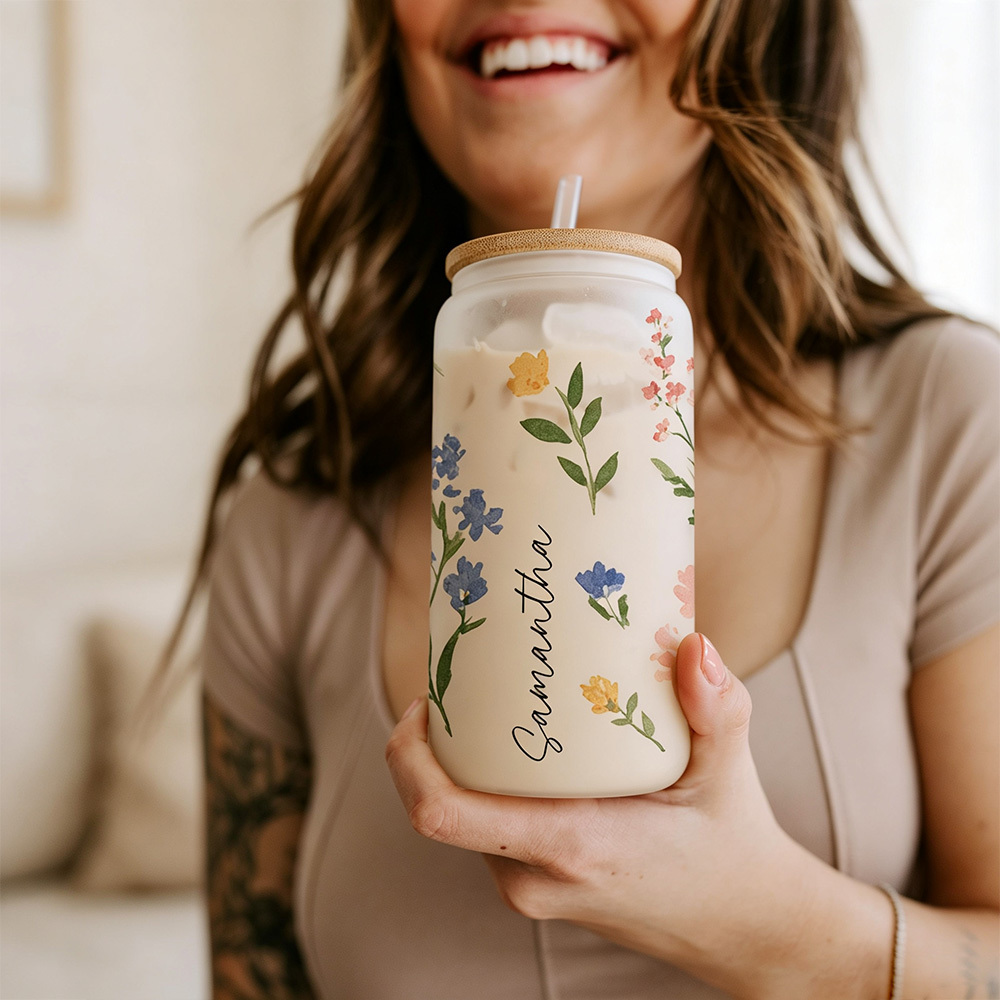 Personalized Floral Glass Cup with Lid and Straw, Custom Name Iced Coffee Cup, Bridesmaid Gift, Bachelorette Party Gift for Her