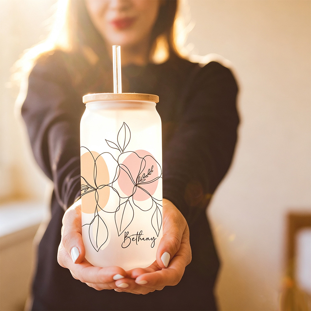 Personalized Floral Glass Cup with Lid and Straw, Custom Name Iced Coffee Cup, Bridesmaid Gift, Bachelorette Party Gift for Her