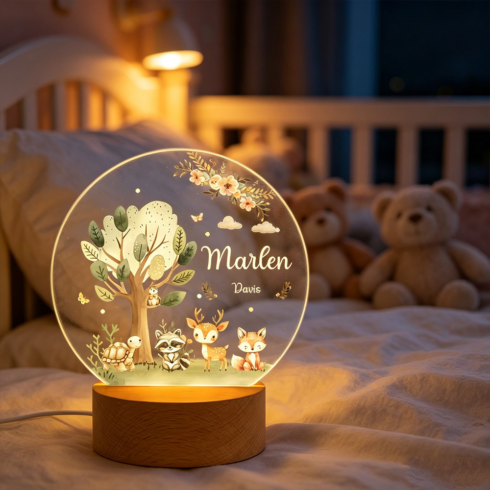 Personalized Forest Animal LED Night Light with Name, Cute Fox Deer Turtle Nursery Lamp with Wooden Base, Baby Shower Gift