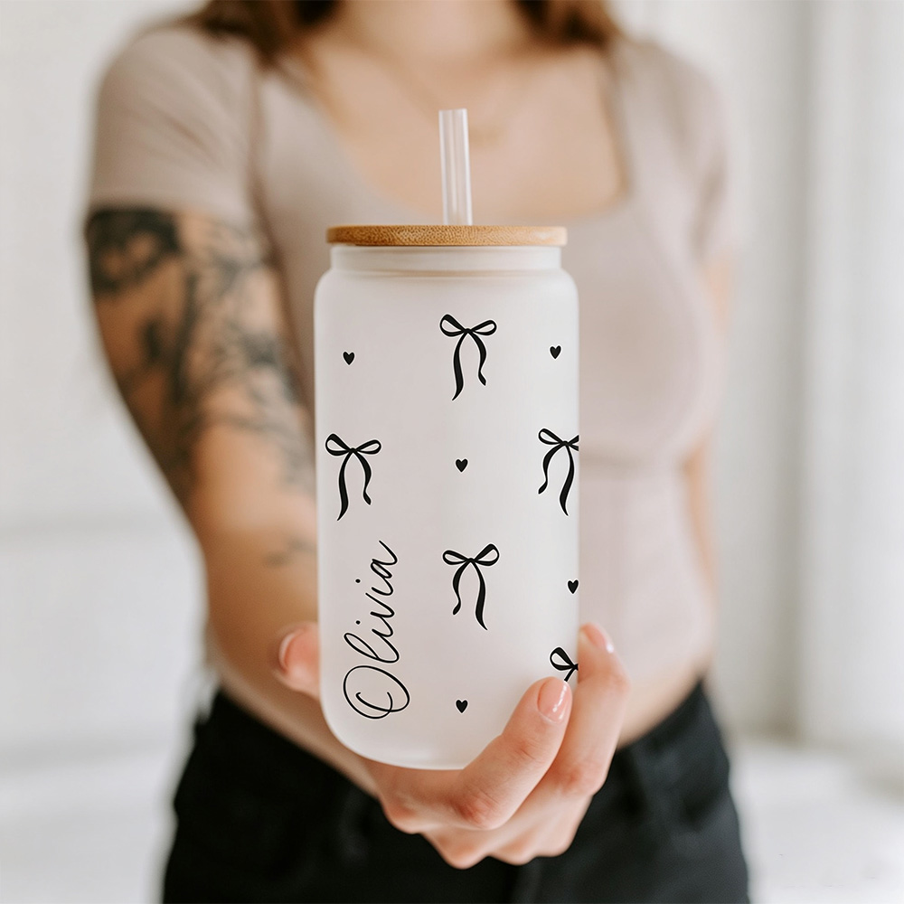 Personalized Floral Glass Cup with Lid and Straw, Custom Name Iced Coffee Cup, Bridesmaid Gift, Bachelorette Party Gift for Her