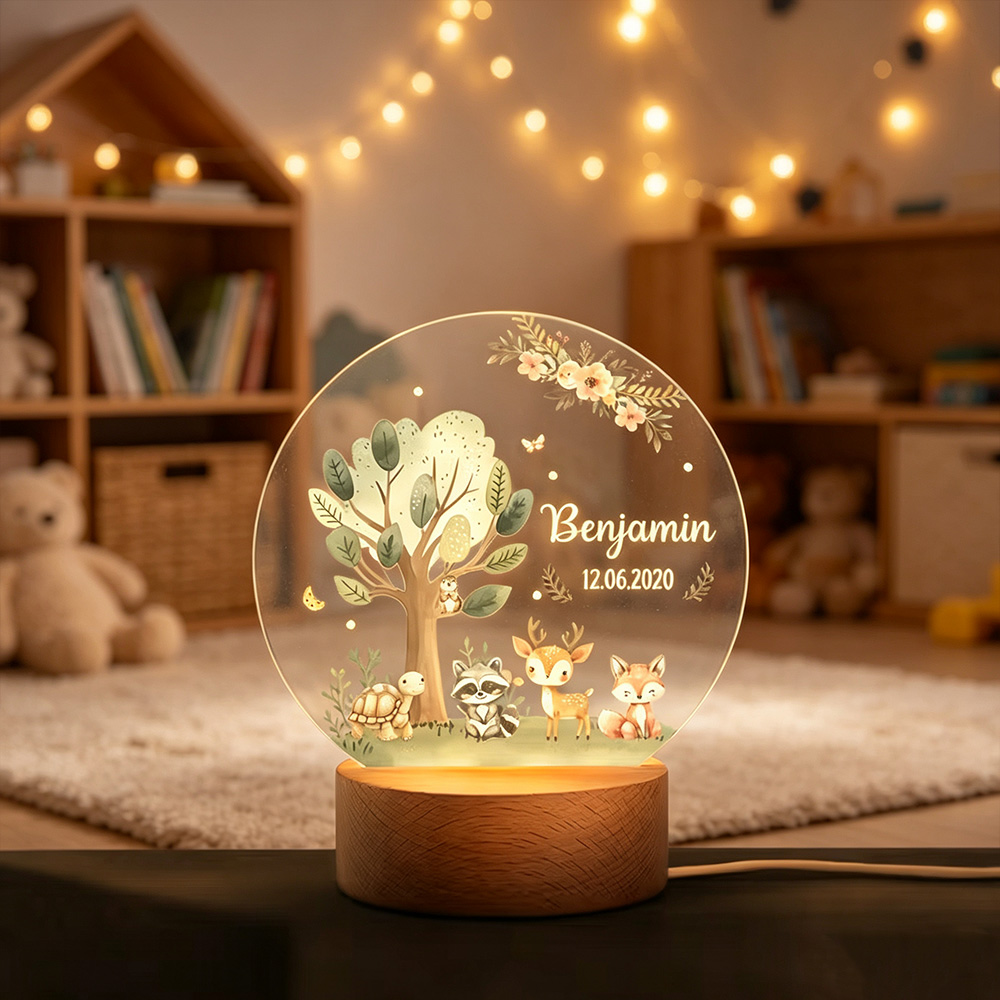 Personalized Forest Animal LED Night Light with Name, Cute Fox Deer Turtle Nursery Lamp with Wooden Base, Baby Shower Gift
