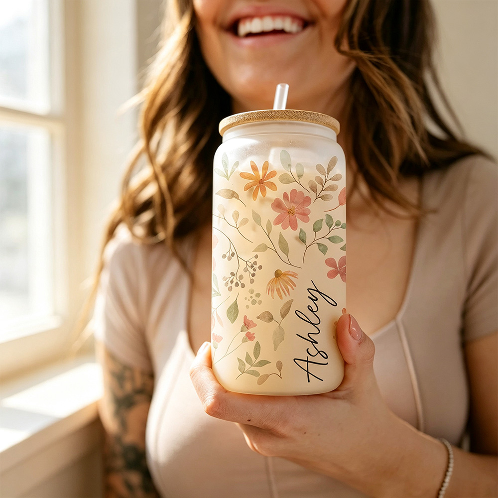 Personalized Floral Glass Cup with Lid and Straw, Custom Name Iced Coffee Cup, Bridesmaid Gift, Bachelorette Party Gift for Her