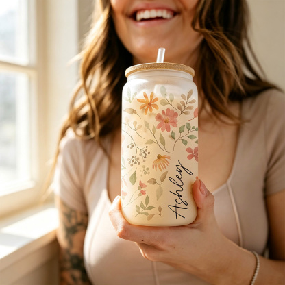 Personalized Floral Glass Cup with Lid and Straw, Custom Name Iced Coffee Cup, Bridesmaid Gift, Bachelorette Party Gift for Her