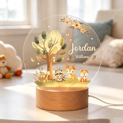 Personalized Forest Animal LED Night Light with Name, Cute Fox Deer Turtle Nursery Lamp with Wooden Base, Baby Shower Gift
