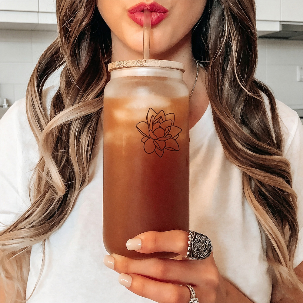 Personalized Floral Glass Cup with Lid and Straw, Custom Name Iced Coffee Cup, Bridesmaid Gift, Bachelorette Party Gift for Her