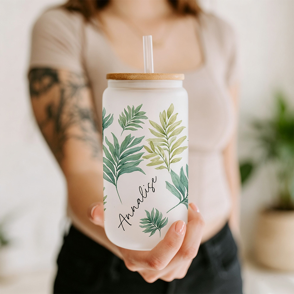 Personalized Floral Glass Cup with Lid and Straw, Custom Name Iced Coffee Cup, Bridesmaid Gift, Bachelorette Party Gift for Her